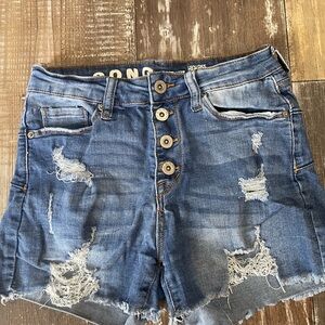 High-Rise Distressed Denim Shorts - Blue